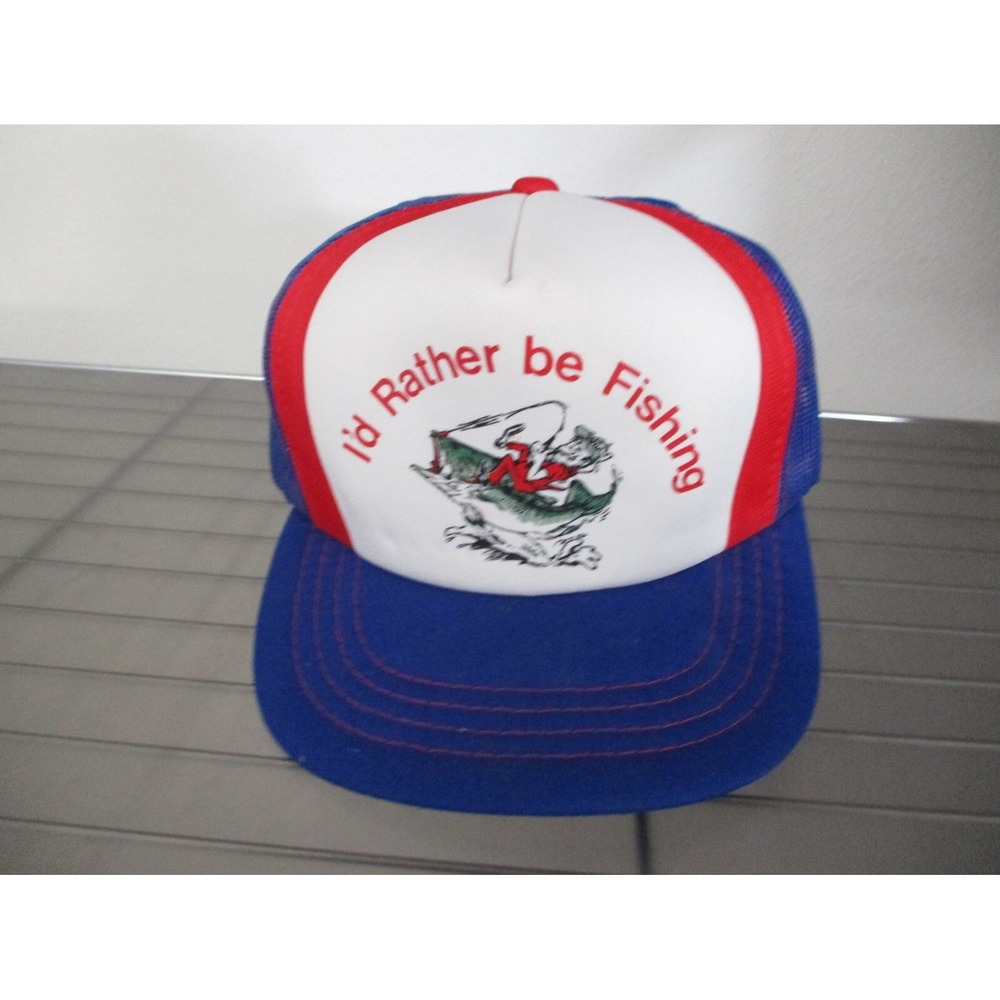 Vintage Fishing Hat Cap Mens Snap Back Blue Trucker Mesh Fisher Logo Korea 90s